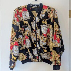 Vintage 80s Gold Baroque Clock Print Bomber Jacket Maximalist Bold L